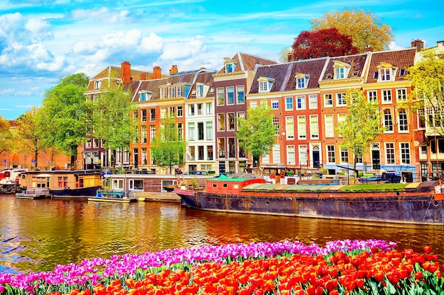 Canal de Amsterdam con tulipanes