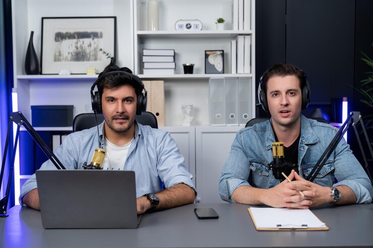 Foto canal anfitrião de emissoras criativas falando em transmissão on-line vendível