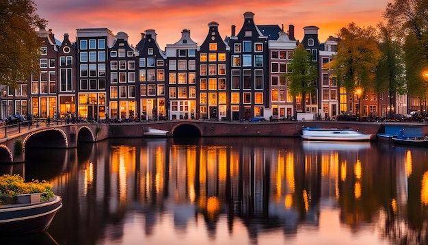 un canal con un barco y un edificio con una puesta de sol en el fondo