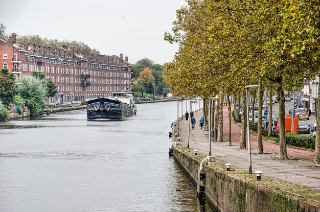 Canal bordeado de árboles en Rotterdam en otoño