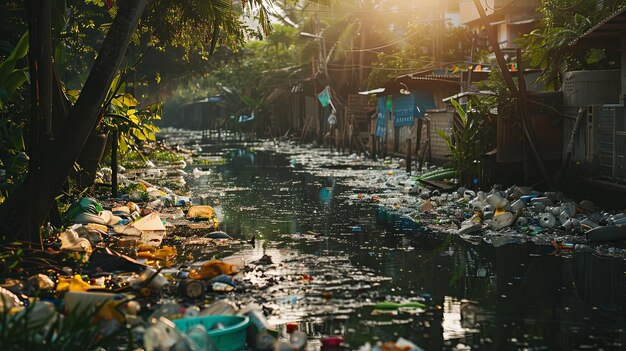 Foto un canal contaminado lleno de basura y escombros que destaca los problemas ambientales y la necesidad de esfuerzos de conservación de las vías fluviales