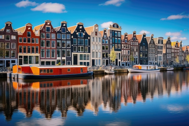 Canal de Amsterdã com casas e barcos coloridos Holanda Holanda Amsterdã Holanda casas dançantes sobre o rio Amstel marco AI Gerado