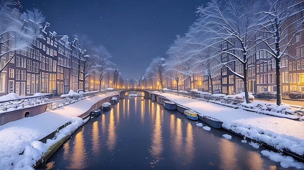 Canal de Ámsterdam por la noche con luces y nieve Países Bajos