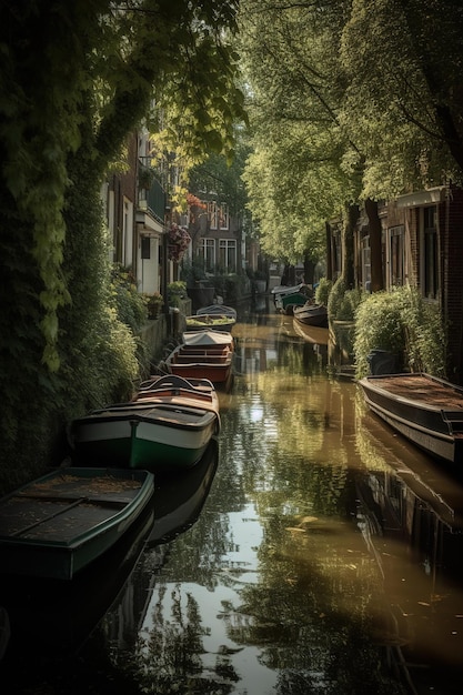 canal na Holanda com barcos e árvores Generative AI
