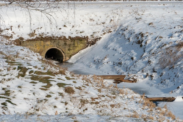 Canal de riego a lo largo de un campo agrícola en invierno cubierto de nieve y hielo Paisaje invernal agrocomplejo ecológico Plantas de tratamiento de aguas residuales