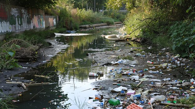 Foto un canal urbano contaminado rodeado de basura y objetos desechados que subrayan el impacto de las actividades humanas en los hábitats de agua dulce