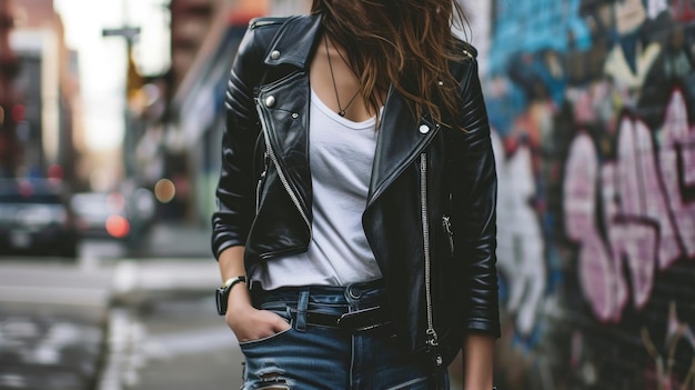 Canaliza a tua querida motociclista interior com um casaco de couro preto fosco, uma camiseta branca e um namorado rasgado.