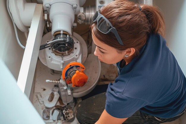 Canalizador competente em reparação de canalizações ao ar livre Canalizador profissional mulher a trabalhar