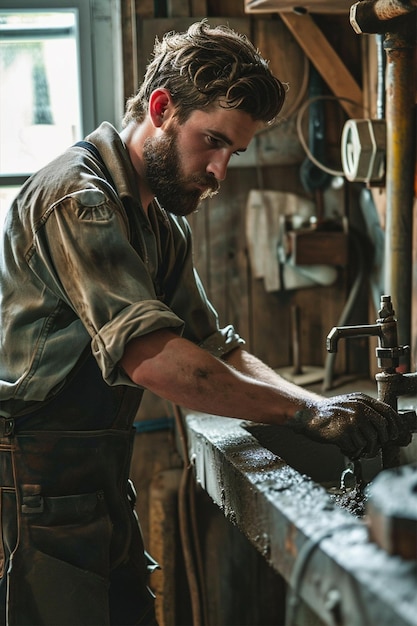 Foto canalizador masculino em uniforme de trabalho no local de trabalho