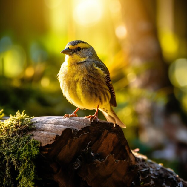 El canario en el tronco del árbol bañado en la luz del sol del bosque