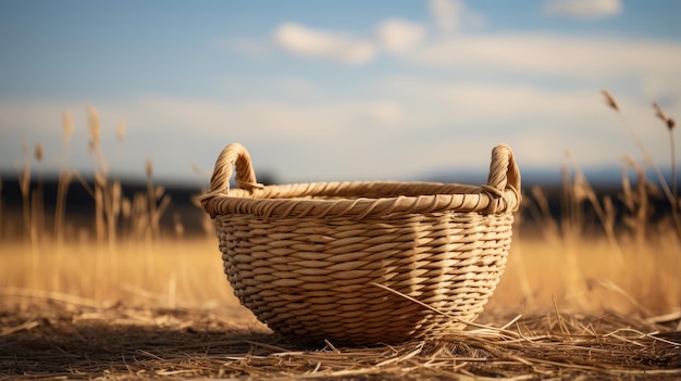 Una canasta en un amplio campo captura la elegancia de la simplicidad en medio de la naturaleza.