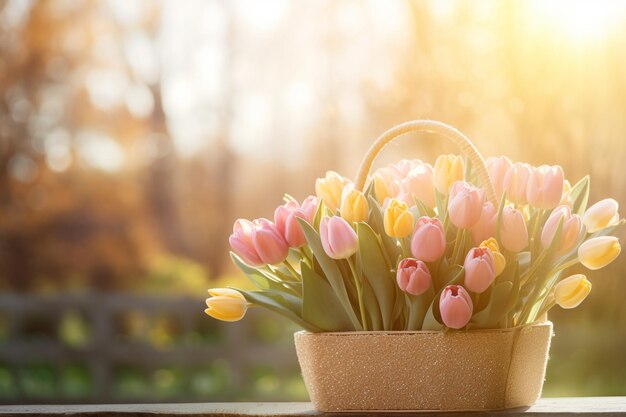 La canasta de arreglos de tulipanes bañada en la luz del sol con brillo dorado y espacio para su boda de texto