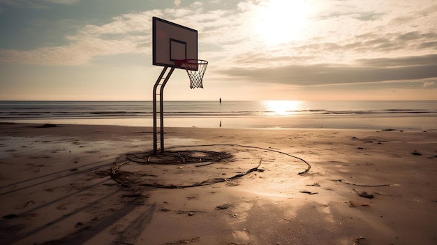 Una canasta de baloncesto en una playa con la puesta de sol detrás de ella