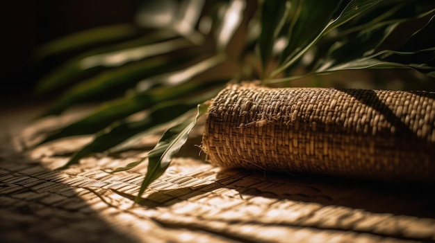 Una canasta de bambú está sobre una mesa con una hoja de palma.