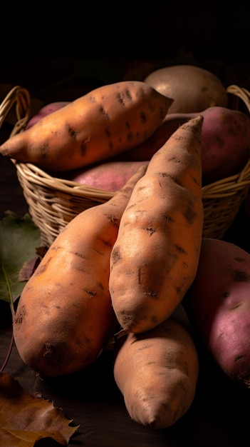 Una canasta de batatas con la palabra dulce