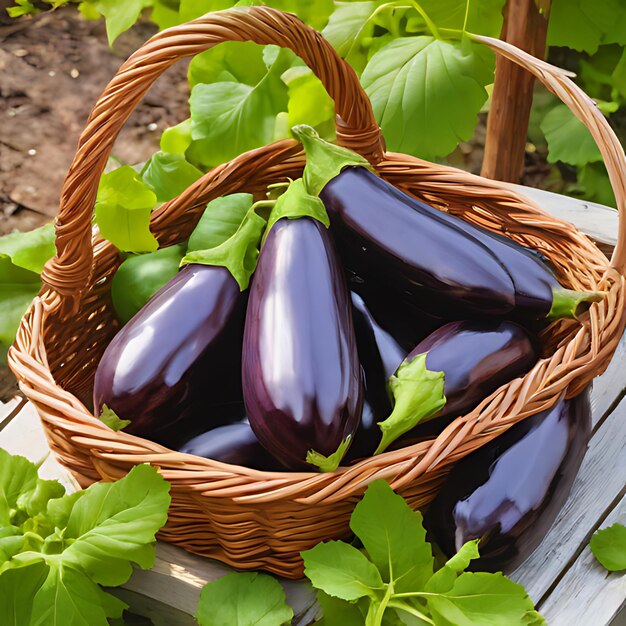 una canasta de berenjena púrpura con hojas verdes