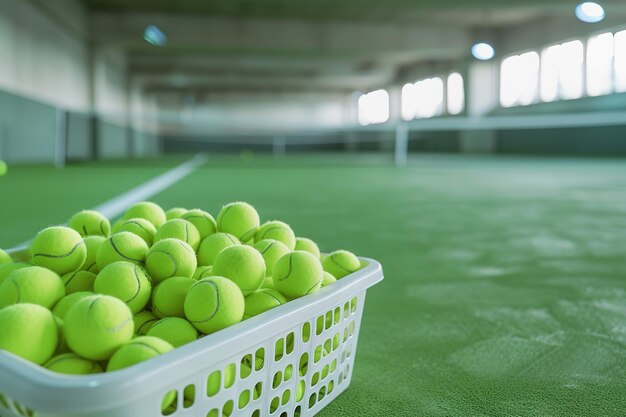 Foto canasta de bolas de tenis en una cancha de tenis cubierta de césped sintético verde