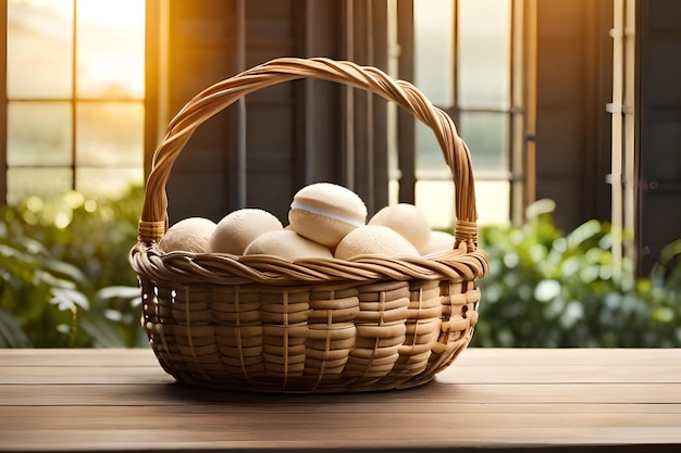 Una canasta de bollos en una mesa con una ventana al fondo