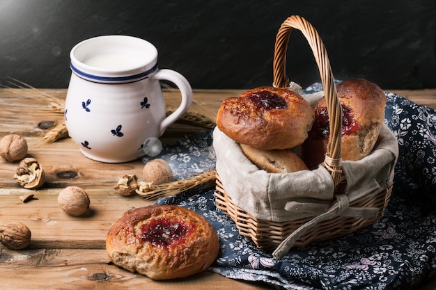 Canasta de bollos y taza de leche od