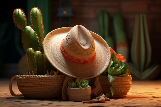 Una canasta con un cactus y un sombrero en la parte superior