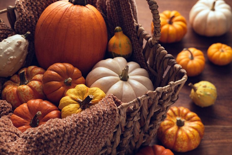 una canasta de calabazas con algunas otras calabazas en ella