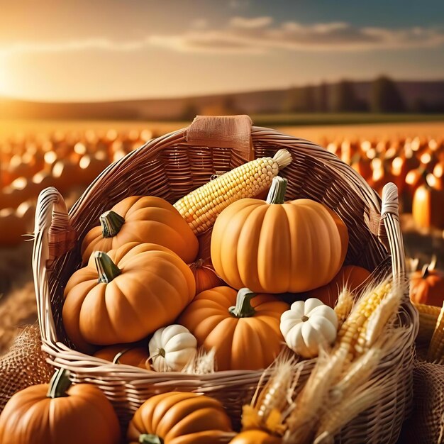 una canasta de calabazas en un campo con un granero en el fondo