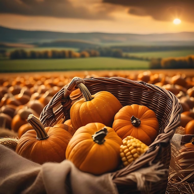 una canasta de calabazas en un campo con un granero en el fondo