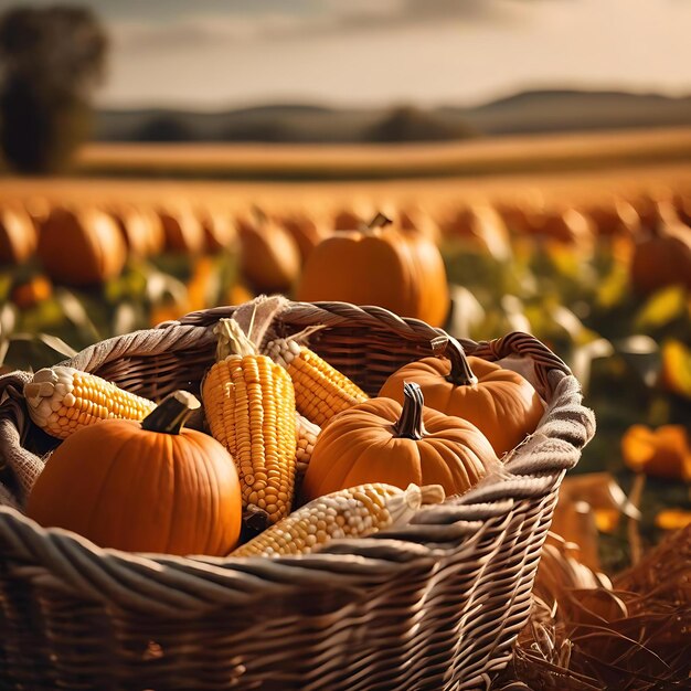 una canasta de calabazas en un campo con un granero en el fondo