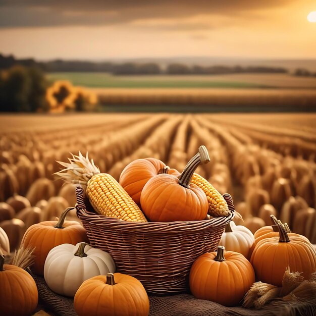 una canasta de calabazas en un campo con un granero en el fondo