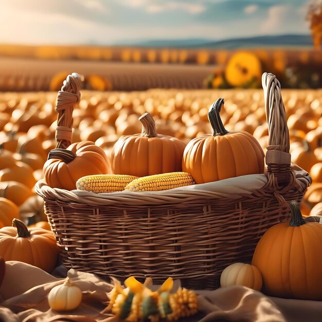 una canasta de calabazas con maíz en el fondo