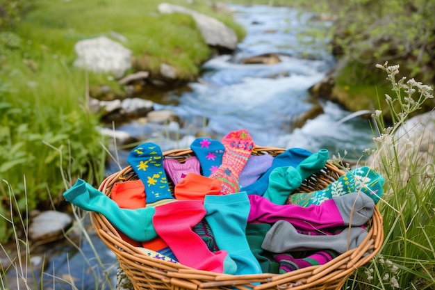 Una canasta de calcetines y ropa interior de colores por una suave primavera