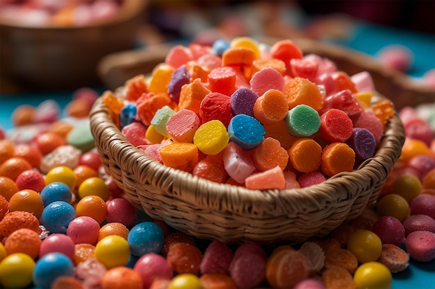 una canasta de caramelos coloridos, incluida una cesta de caramellos