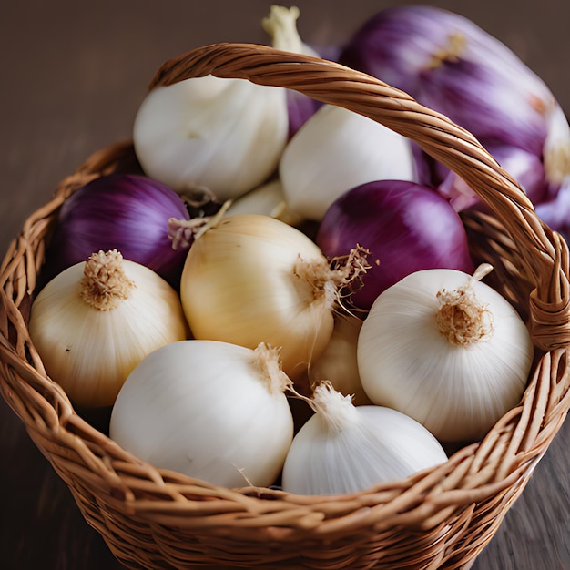 Foto una canasta de cebollas con una cebolla púrpura y blanca en ella