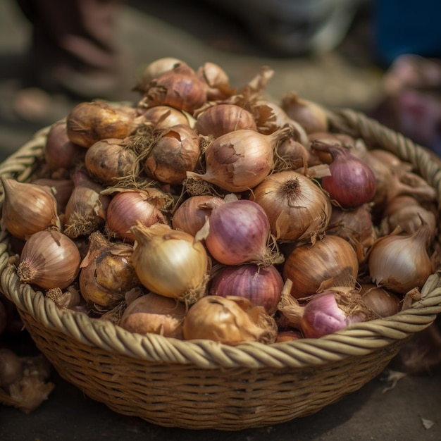 Una canasta de cebollas está en el suelo con la palabra cebolla.