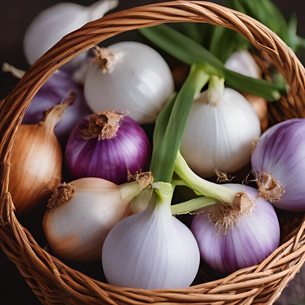 Foto una canasta de cebollas con una hoja verde y una blanca que tiene una hoja púrpura