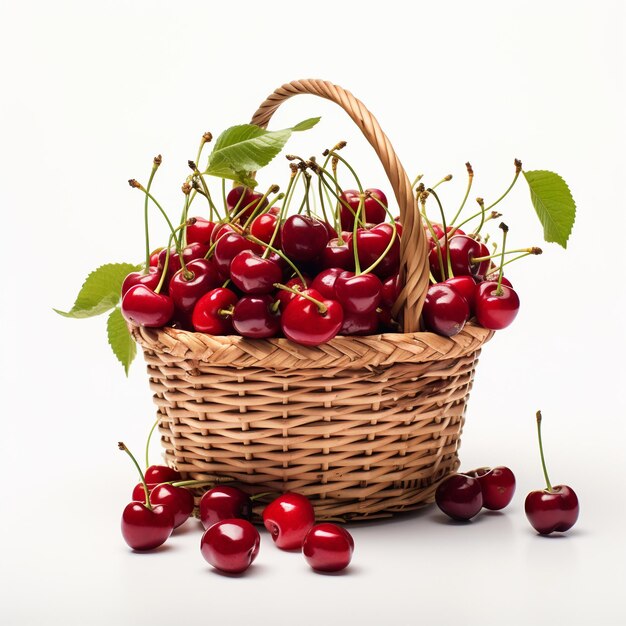 Foto una canasta de cerezas con un fondo blanco