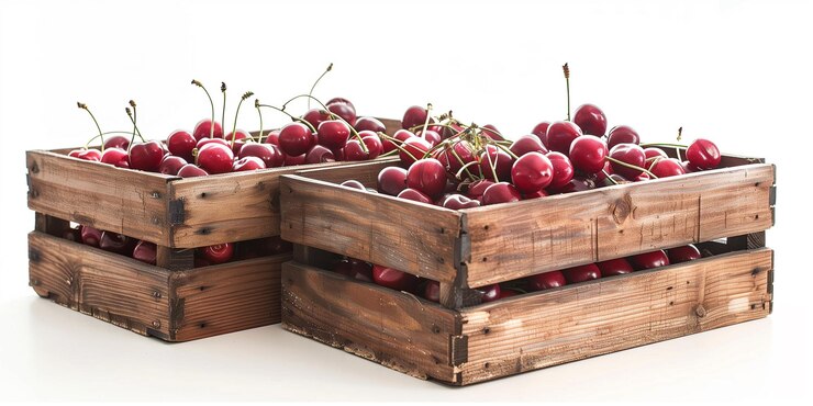 una canasta de cerezas frescas sobre un fondo blanco