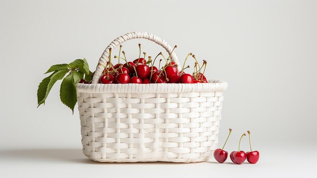 Una canasta de cerezas maduras frescas en una mesa de madera en un jardín