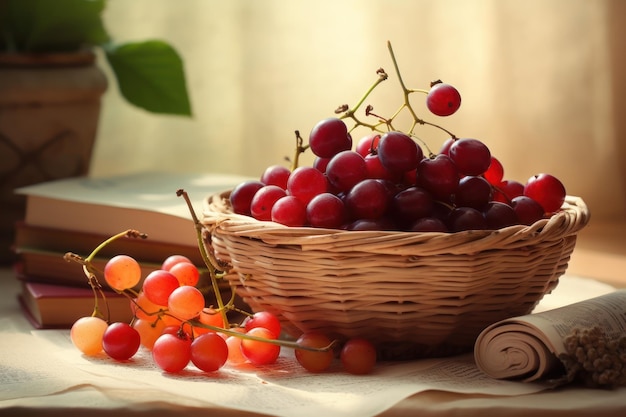 Una canasta de cerezas rojas y naranjas sobre una mesa