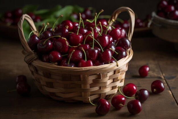 Una canasta de cerezas se sienta sobre una mesa.