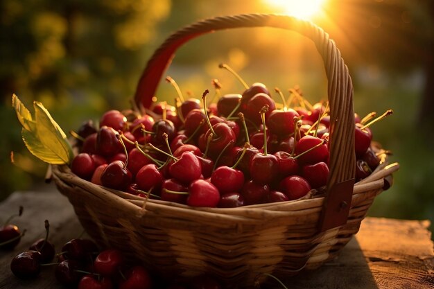 una canasta de cerezas con un sol brillando detrás de ellos