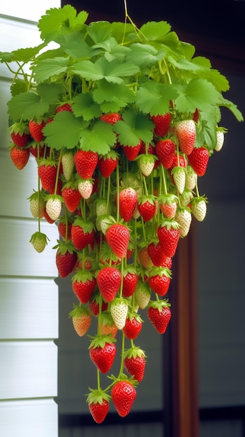 Una canasta colgante de fresas con hojas verdes.