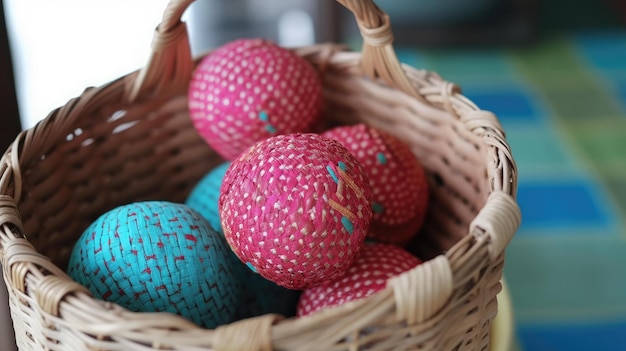 Una canasta de coloridos huevos de pascua en una canasta