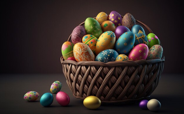 Una canasta de coloridos huevos de pascua en un fondo oscuro