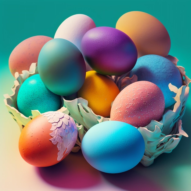 Una canasta de coloridos huevos de pascua con la palabra "en ella"