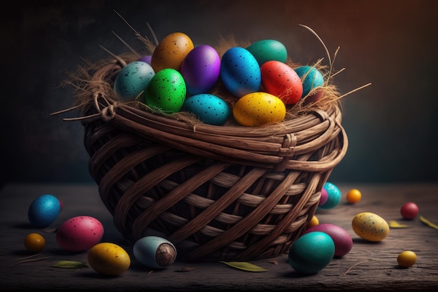 Una canasta de coloridos huevos de pascua se sienta en una mesa de madera.