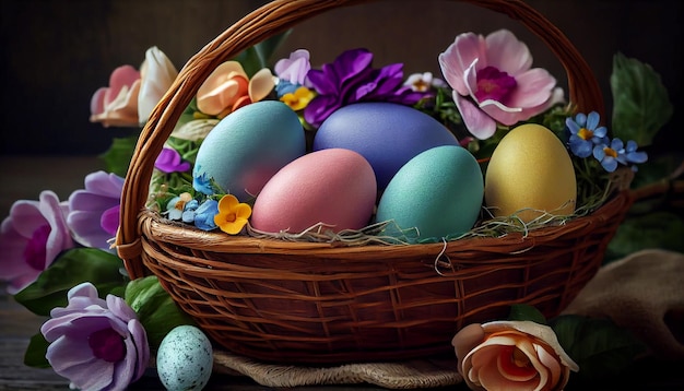 Una canasta de coloridos huevos de pascua se sienta en una mesa.