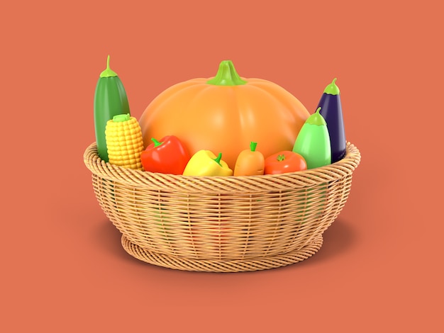 Una canasta con una cosecha de otoño de verduras 3D rendering