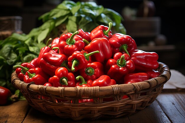 La canasta de la cosecha de rubí llena de pimientos rojos vibrantes