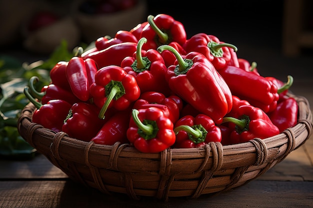 Foto la canasta de la cosecha de rubí llena de pimientos rojos vibrantes